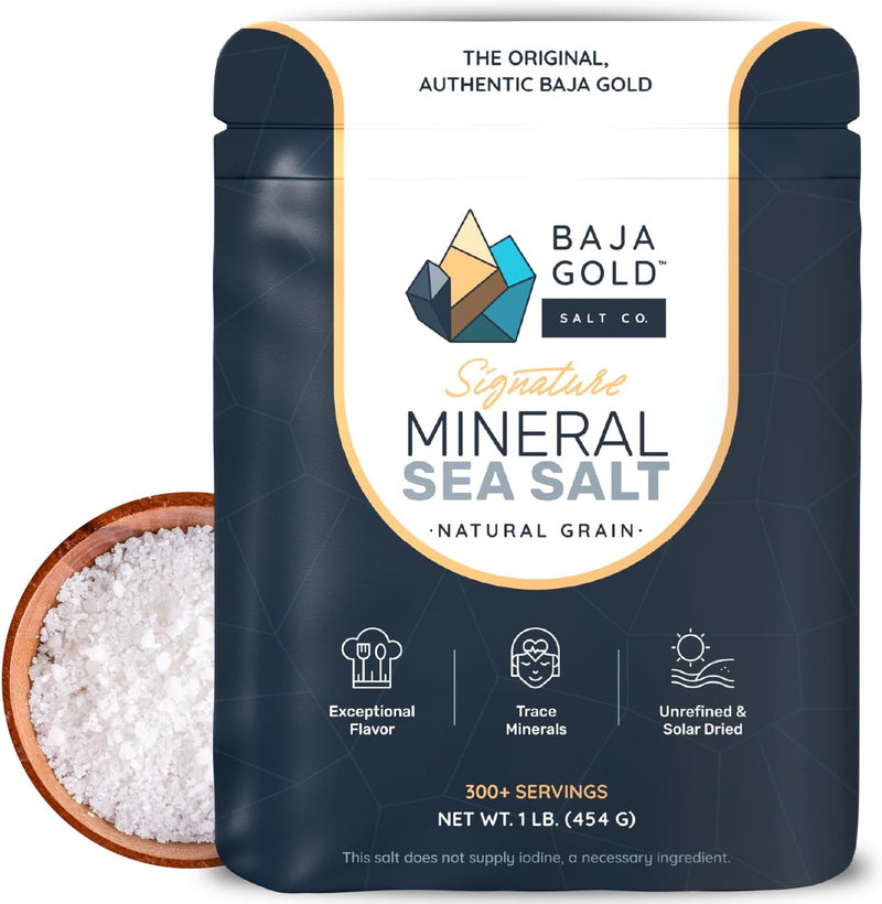 Baja Gold Signature Mineral Sea Salt natural grain crystals 1 lb resealable bag