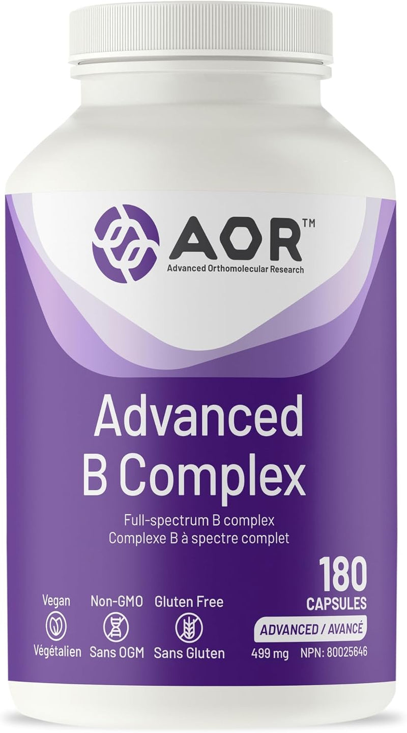 AOR Advanced Activated B Complex 180-capsule amber glass bottle displaying complete coenzyme ingredients and Health Canada NPN 80025646 on a minimalist background