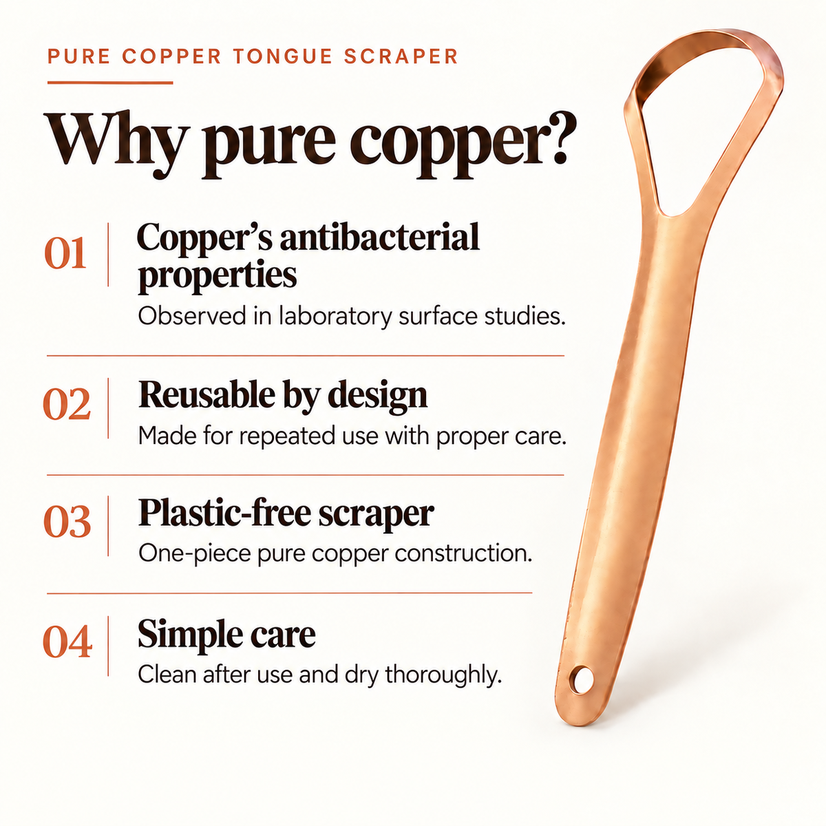 Diagram of four numbered notes on the copper build, reuse, plastic-free construction and care, set beside the scraper