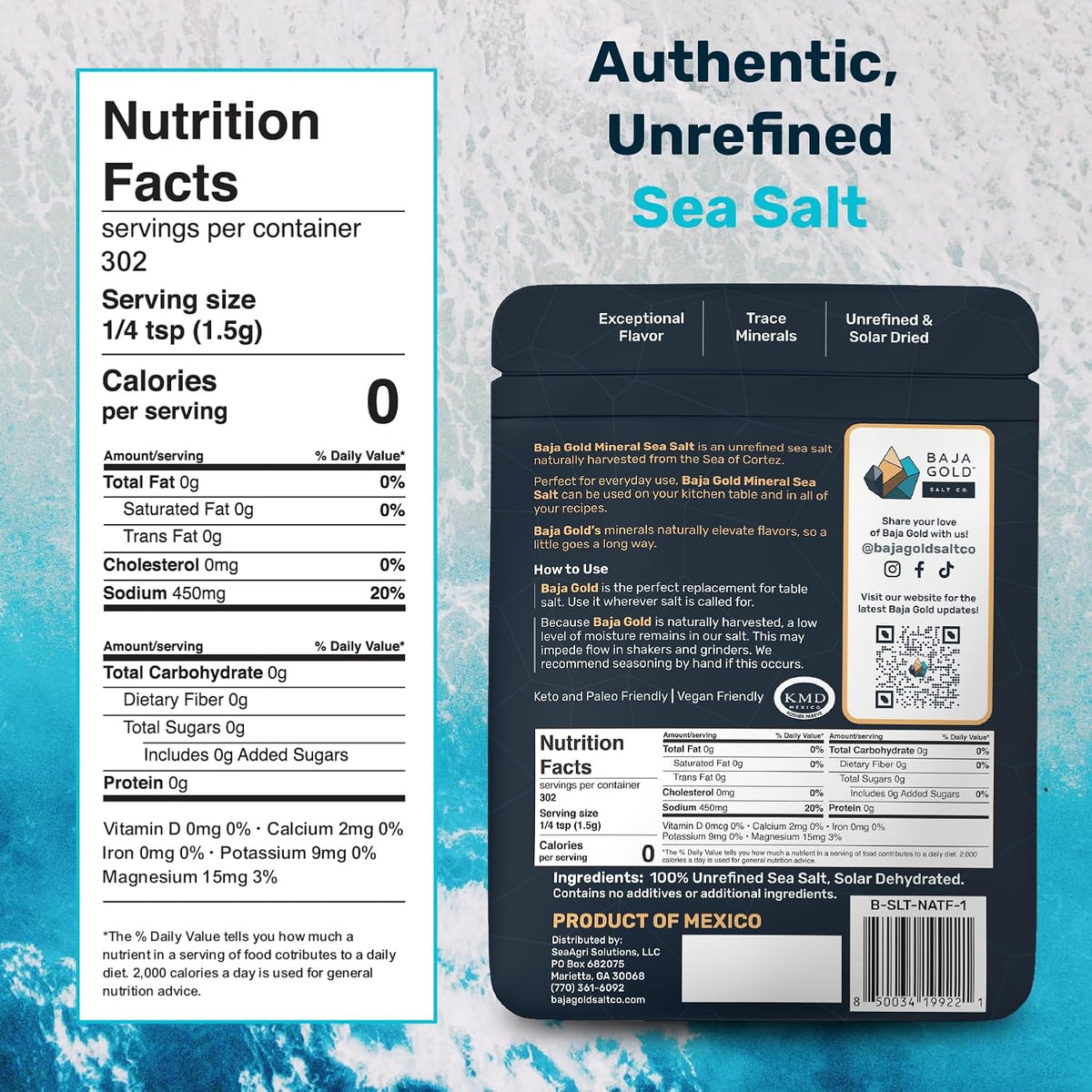 Baja Gold mineral sea salt nutrition facts and trace mineral profile