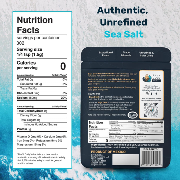 Baja Gold mineral sea salt nutrition facts and trace mineral profile