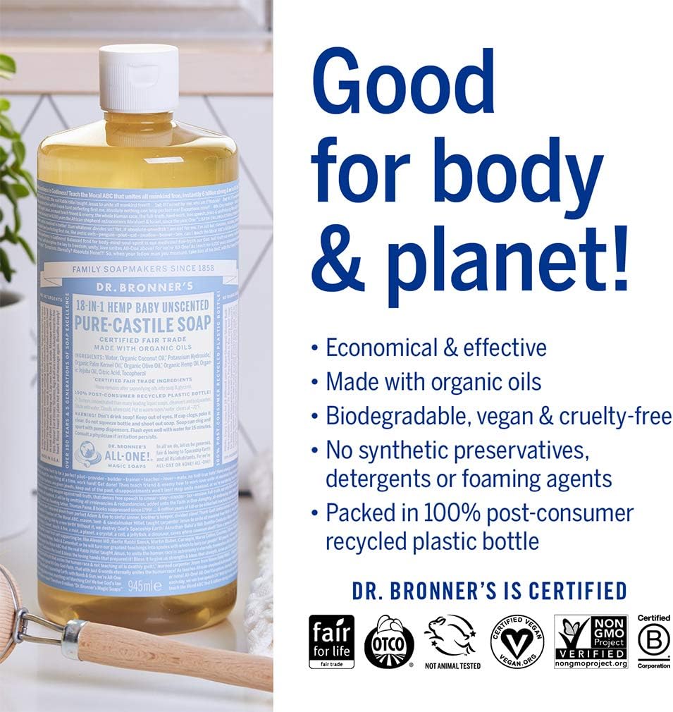 Dr. Bronner’s Pure-Castile Liquid Soap - Baby Unscented (32 oz) (946mL)