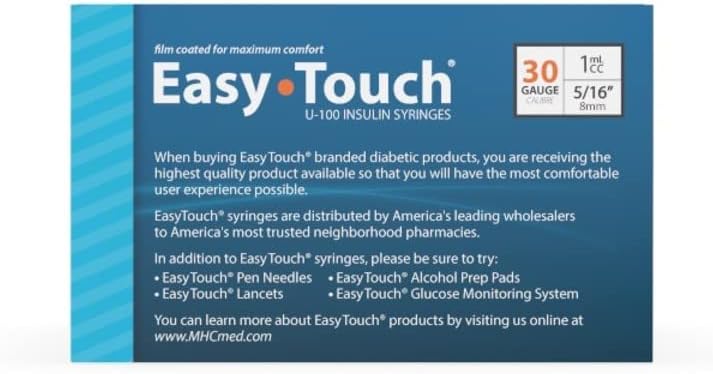 EasyTouch 30G 5/16 In. 1mL/CC Insulin Syringe, 100 Pack