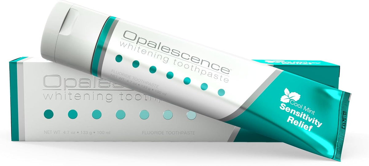 Ultradent Opalescence Whitening Toothpaste Cool Mint Sensitivity Relief, 133 g tube shown beside its carton.