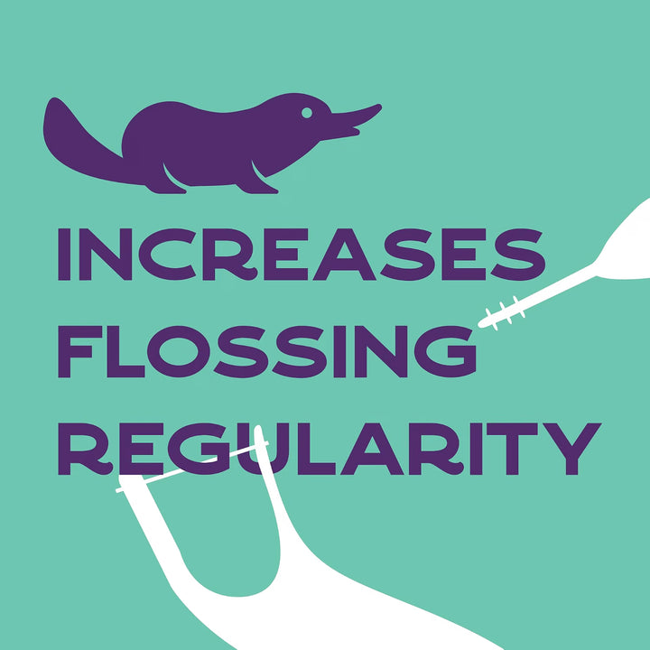 Platypus mascot graphic in purple on green, beside an outline of the flosser