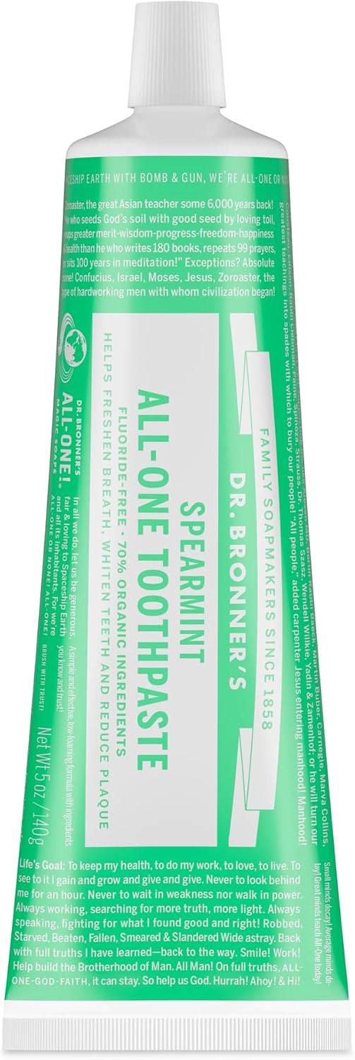 Dr. Bronner's All-One Toothpaste in spearmint, a fluoride-free 140g tube
