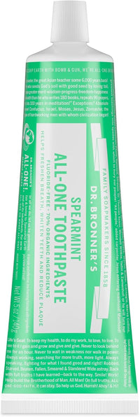 Dr. Bronner's All-One Toothpaste in spearmint, a fluoride-free 140g tube