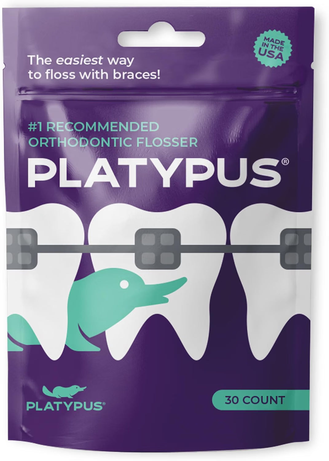Platypus Ortho Flossers, purple resealable pouch of 30 with a hang hole at the top