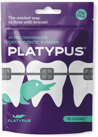 Platypus Ortho Flossers, purple resealable pouch of 30 with a hang hole at the top