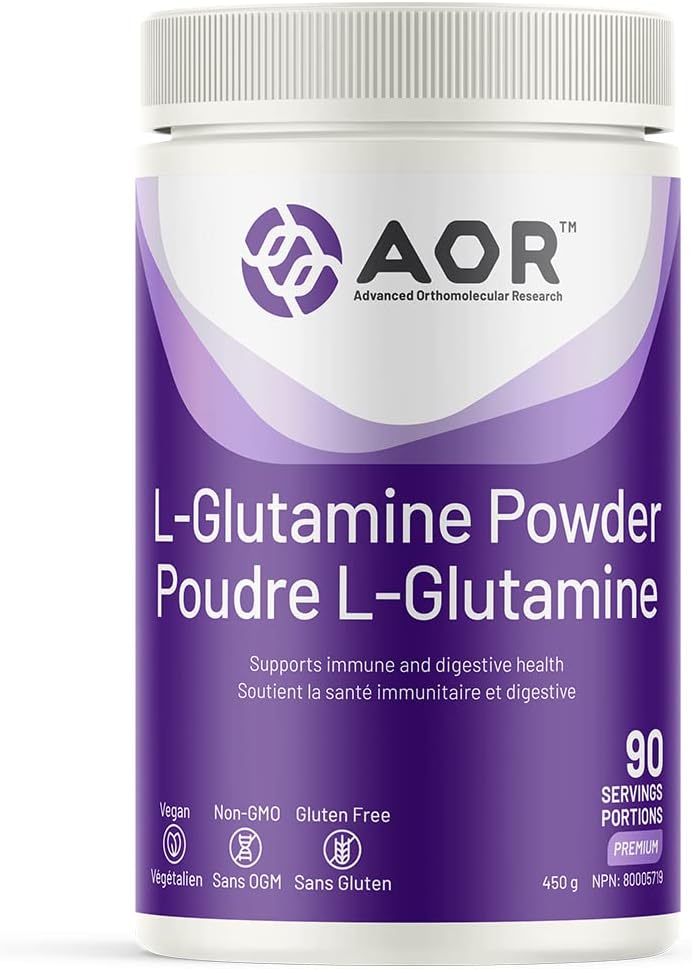 AOR L-Glutamine Powder, 450g canister with the front label facing forward
