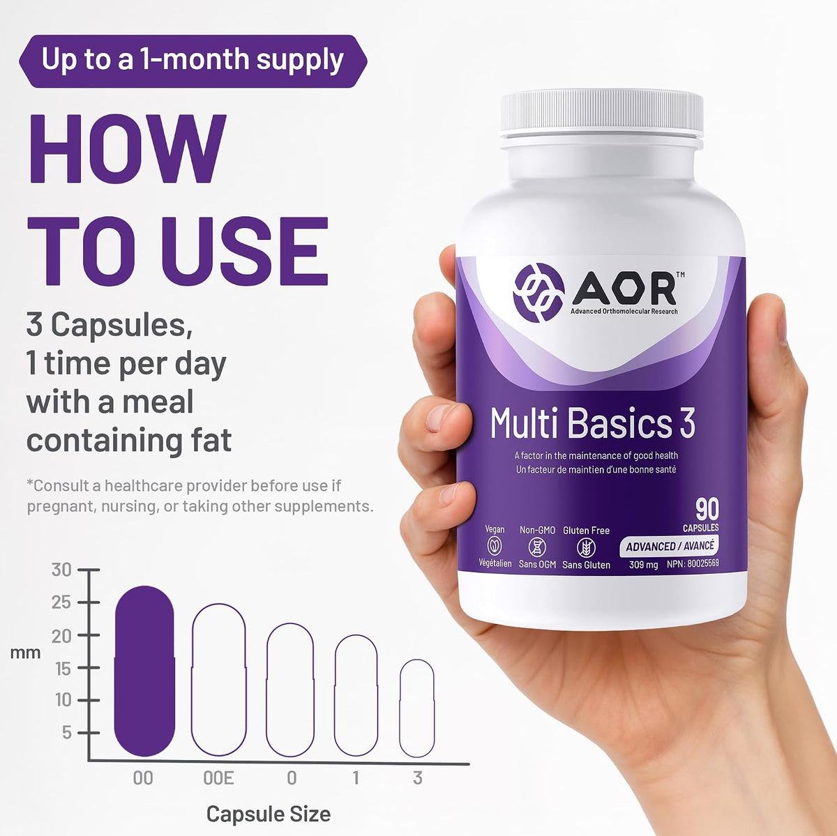 Supplement facts panel for AOR Multi Basics 3, listing folate as Calcium L-5-MTHF, vitamin B12 as methylcobalamin, and vitamin K2 as MK-4 and MK-7