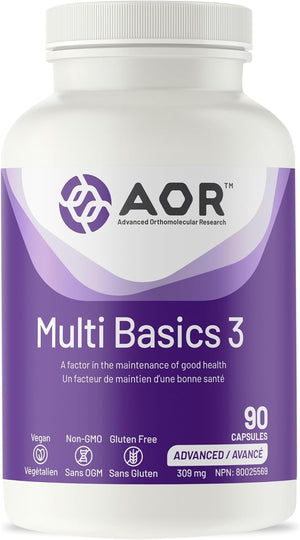 AOR Multi Basics 3 multivitamin, front of pack, supplied in vegetable capsules