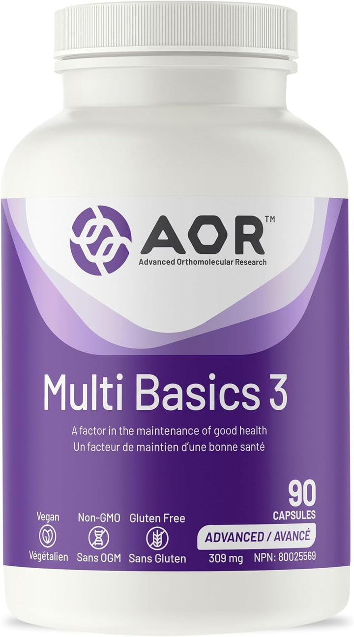 AOR Multi Basics 3 multivitamin, front of pack, supplied in vegetable capsules