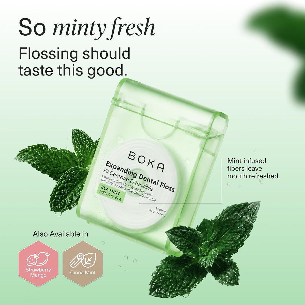 Dispenser surrounded by fresh mint leaves, showing the Ela Mint flavour label
