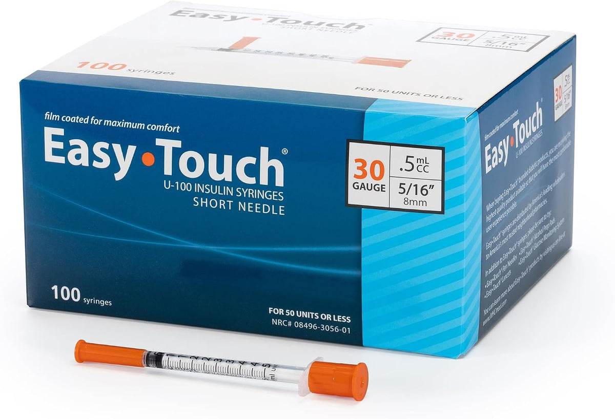 EasyTouch U-100 insulin syringes, 1cc (1mL) barrel with a 30 gauge, 8mm (5/16 in) short needle