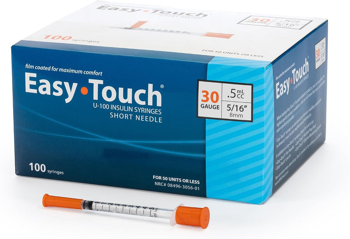 EasyTouch U-100 insulin syringes, 1cc (1mL) barrel with a 30 gauge, 8mm (5/16 in) short needle