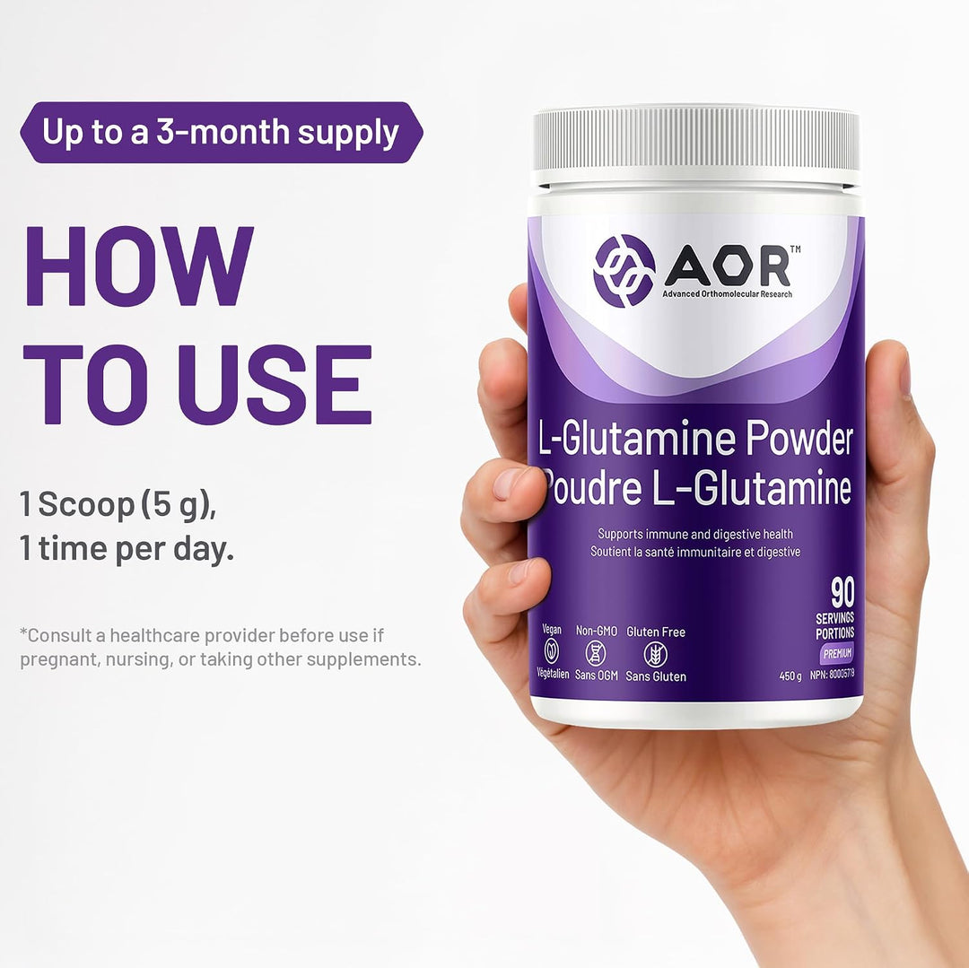 Supplement facts panel for L-Glutamine Powder, listing 5,000mg of L-glutamine per 5g serving. The full specification table appears further down this page.