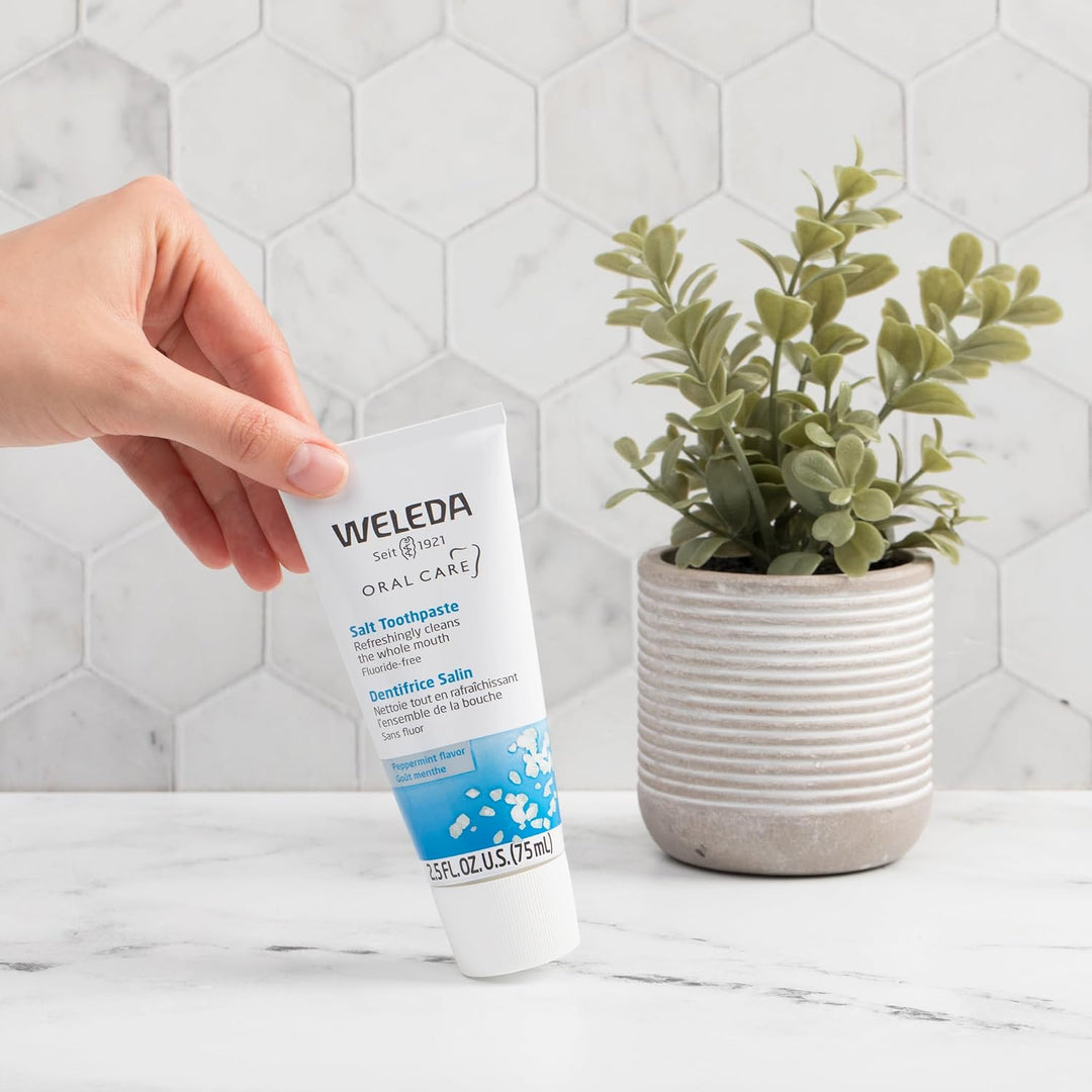 Ingredients panel for Weleda Salt Toothpaste. Key ingredients are listed in the description below.