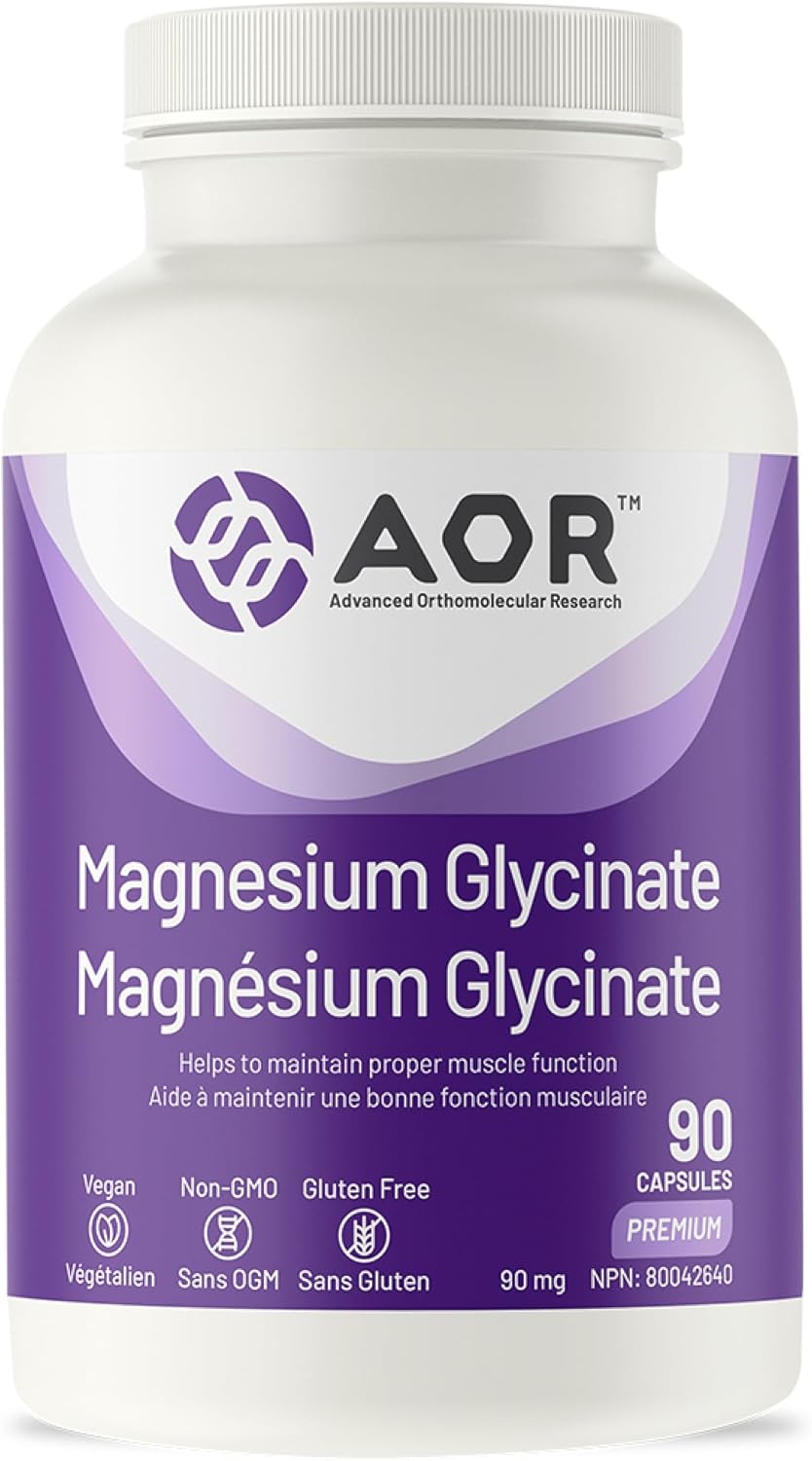 AOR Magnesium Glycinate, a bottle of vegan capsules supplying 90mg of magnesium per capsule