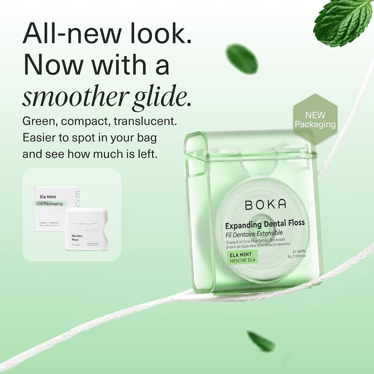 Translucent green dispenser in the new packaging, shown beside the earlier white Ela Mint box