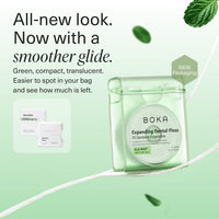 Translucent green dispenser in the new packaging, shown beside the earlier white Ela Mint box