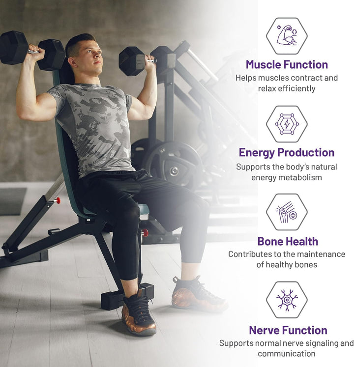 Supplement facts panel for Advanced Magnesium Complex, showing 200 mg of elemental magnesium per capsule from glycinate, malate, aspartate and ascorbate. The specifications table on this page repeats these values.