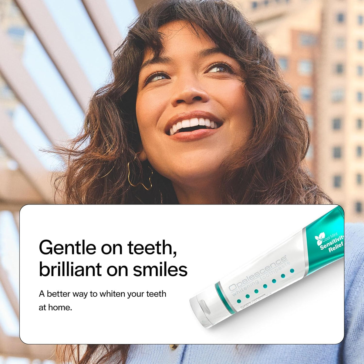 Outdoor lifestyle photograph with an inset image of the toothpaste tube.