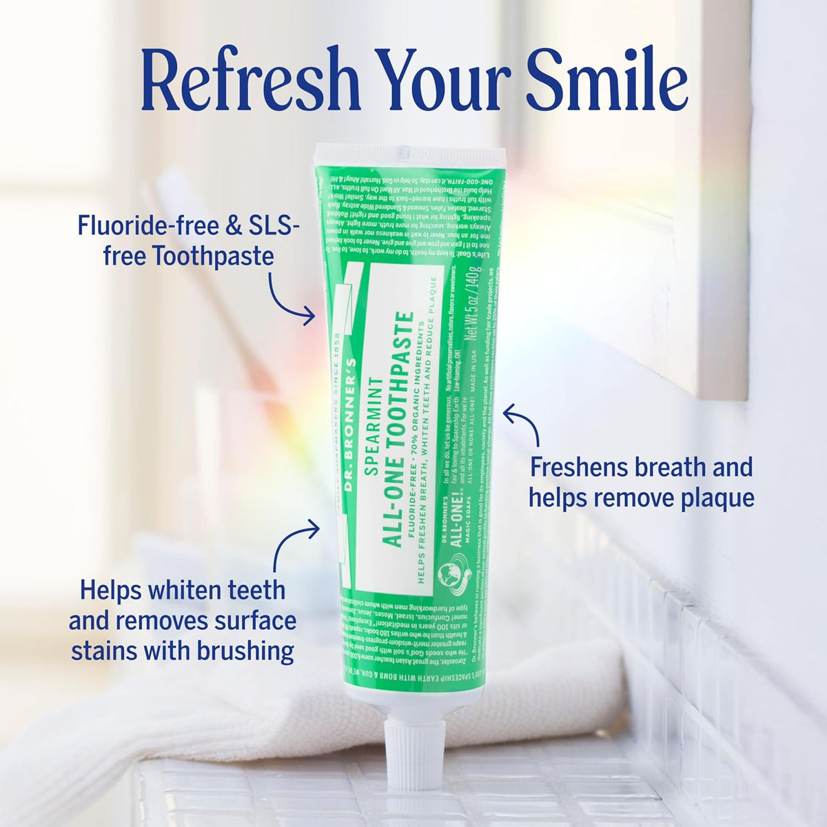 Front of pack showing the spearmint flavour and the fluoride-free statement