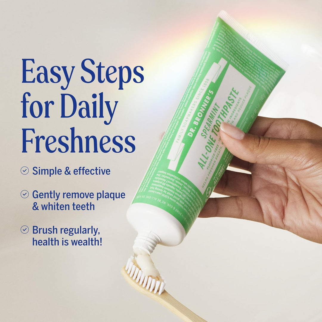 Ingredients panel for the spearmint toothpaste. The full list is in the Ingredients section below.