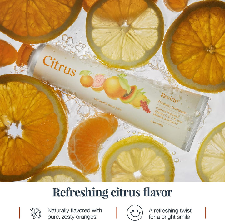 Revitin Natural Toothpaste – Citrus Flavor, 3.4oz (96g) Tube | Fluoride-Free, SLS-Free, Prebiotic Oral Care - Pack of 2