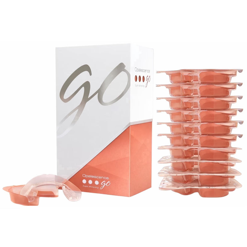 Ultradent Opalescence Go 10% Melon whitening trays, retail carton beside 10 sealed prefilled tray packs