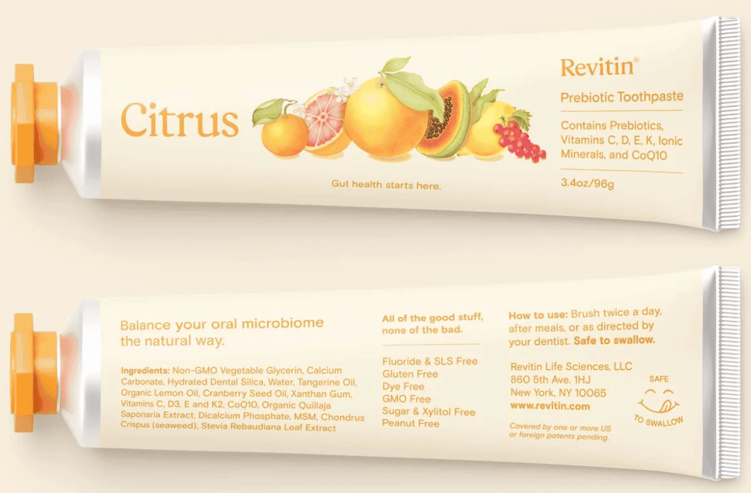 Revitin Natural Toothpaste – Citrus Flavor, 3.4oz (96g) Tube | Fluoride-Free, SLS-Free, Prebiotic Oral Care - Pack of 2