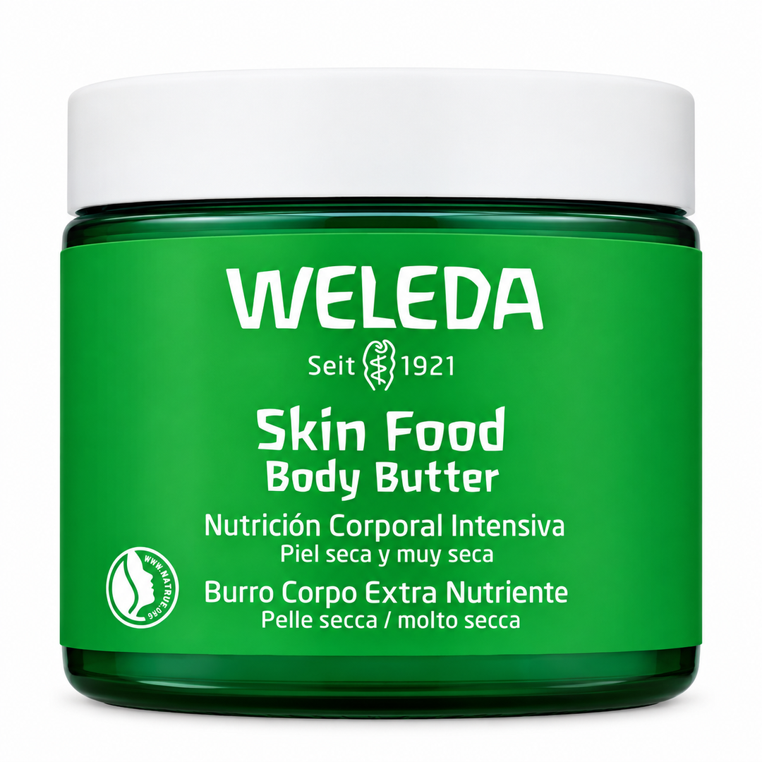 Weleda Skin Food Body Butter, 5 fl oz jar of whipped moisturizer with the front label shown