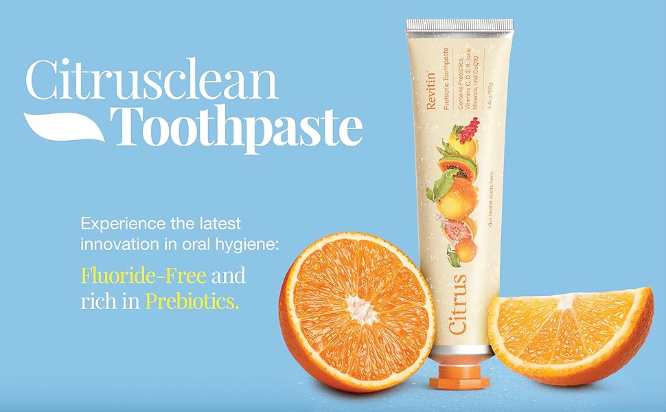 Revitin Natural Toothpaste – Citrus Flavor, 3.4oz (96g) Tube | Fluoride-Free, SLS-Free, Prebiotic Oral Care - Pack of 2