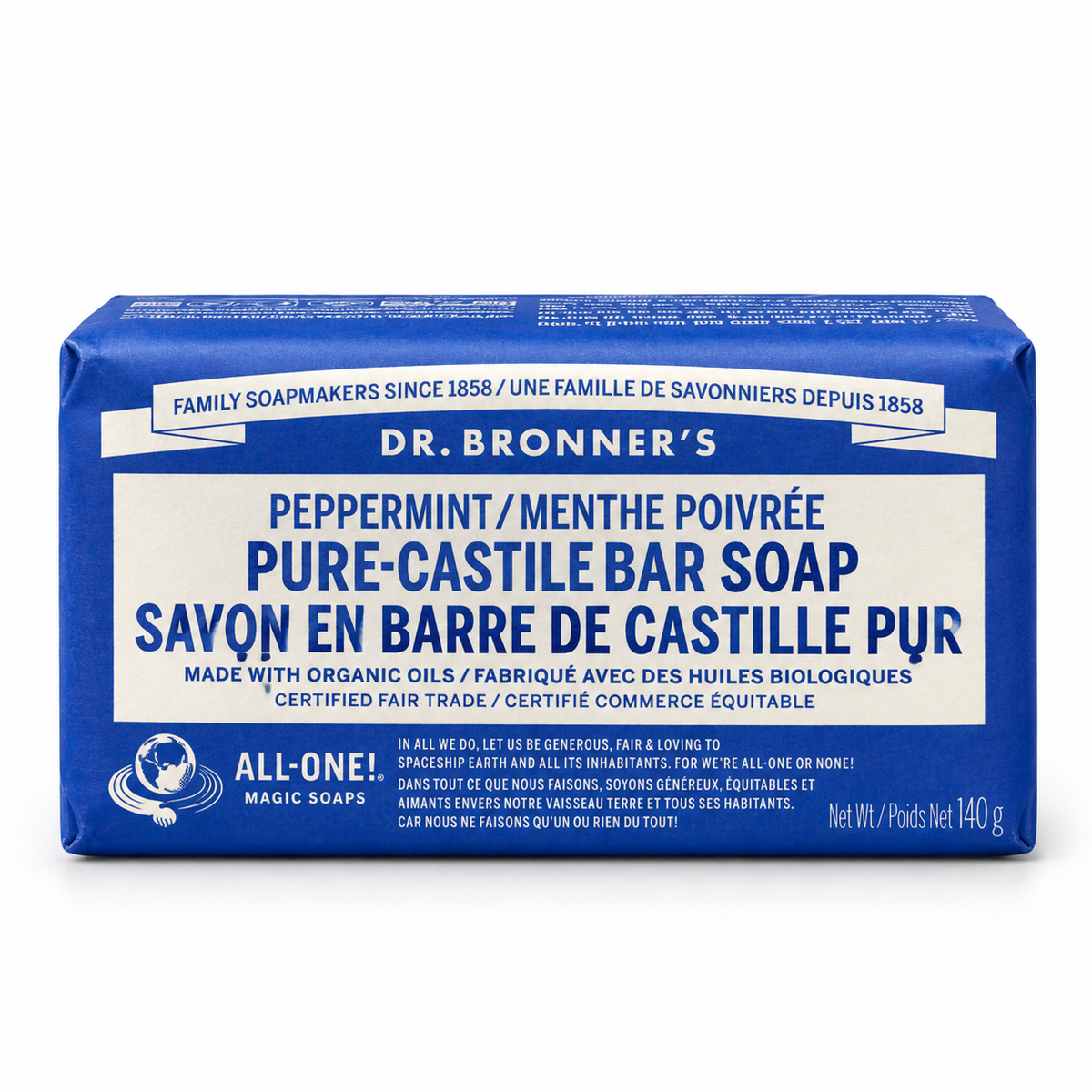 Dr. Bronner's Pure-Castile Bar Soap, 140 g bar in its printed paper wrapper