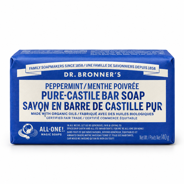 Dr. Bronner's Pure-Castile Bar Soap, 140 g bar in its printed paper wrapper