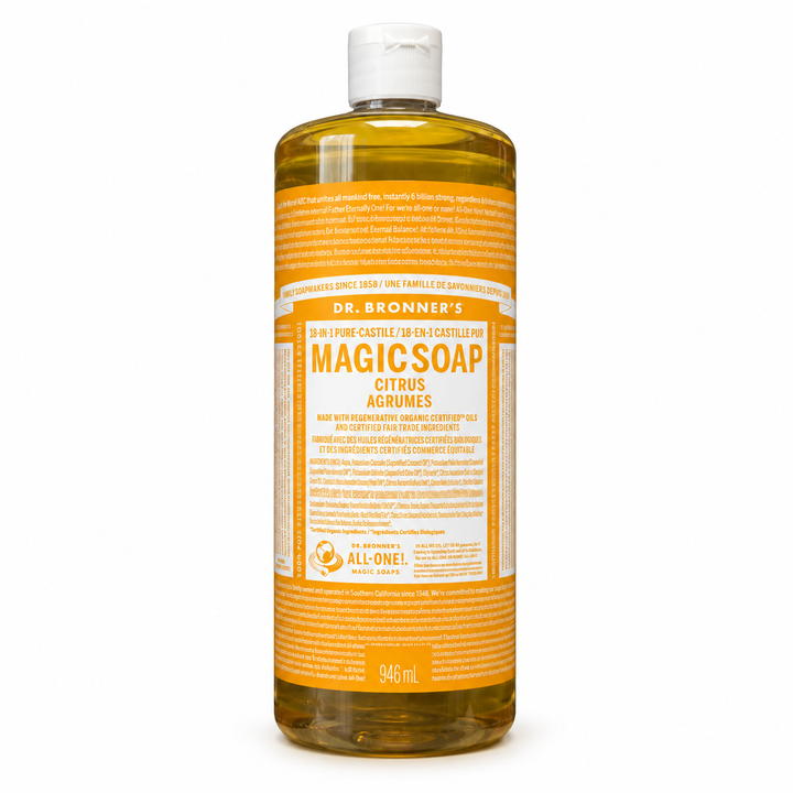 Ingredients panel for the Pure-Castile Liquid Soap, printed on the back of the bottle label