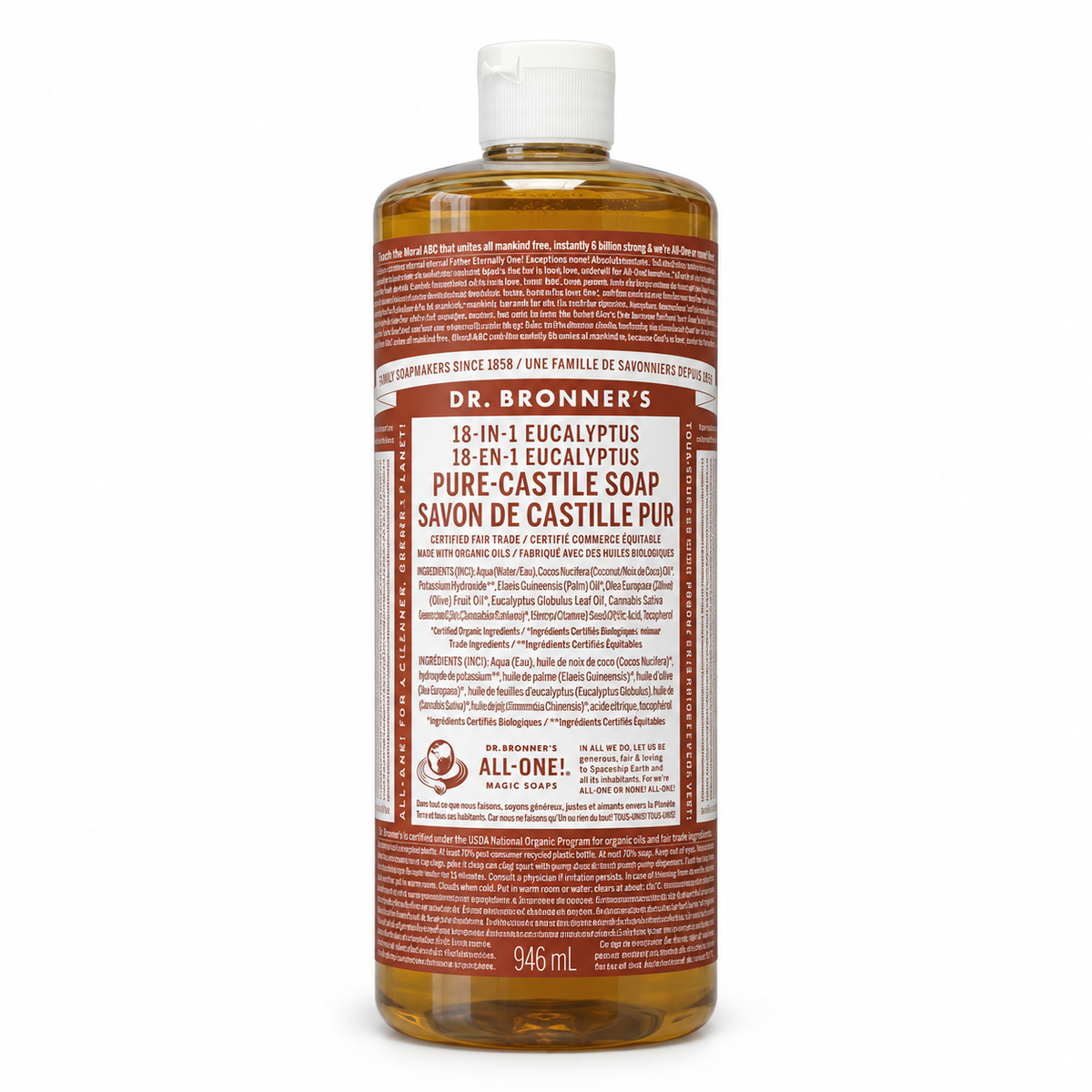 Dr. Bronner's Pure-Castile Liquid Soap in a 946mL bottle made from post-consumer recycled plastic