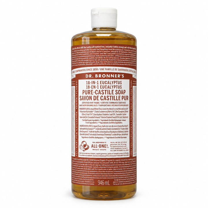 Dr. Bronner's Pure-Castile Liquid Soap in a 946mL bottle made from post-consumer recycled plastic