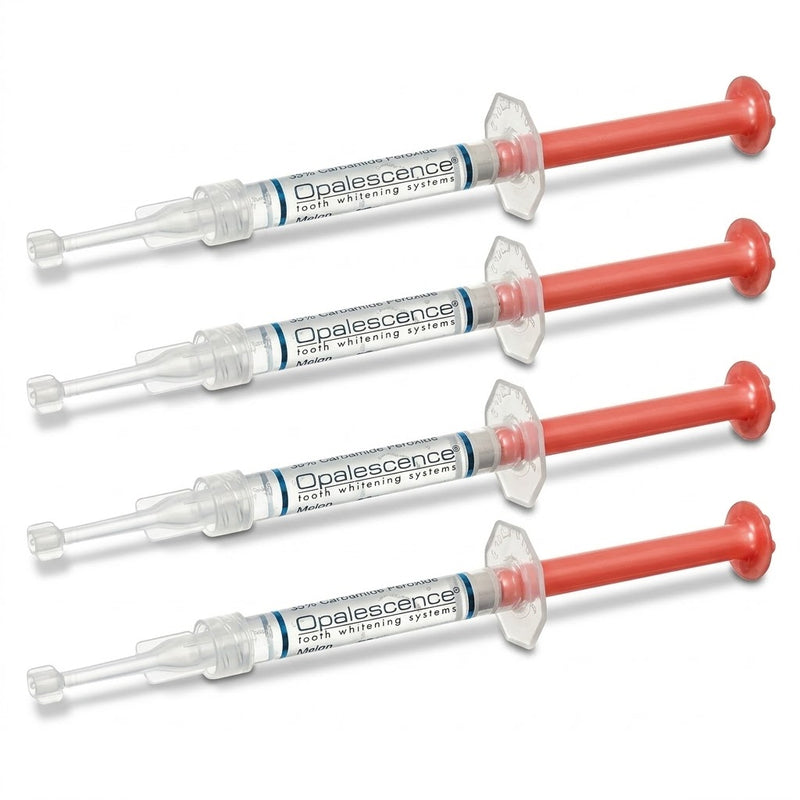 Four Opalescence 35% carbamide peroxide melon whitening gel syringes with red plungers on a white background.