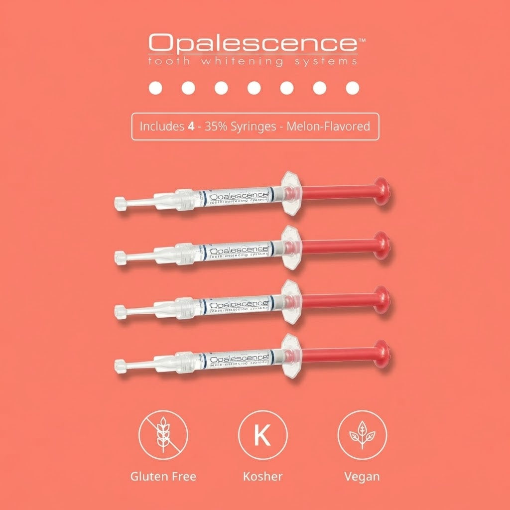 Four Opalescence 35% carbamide peroxide whitening gel refill syringes, melon flavour, marked gluten free, kosher and vegan.