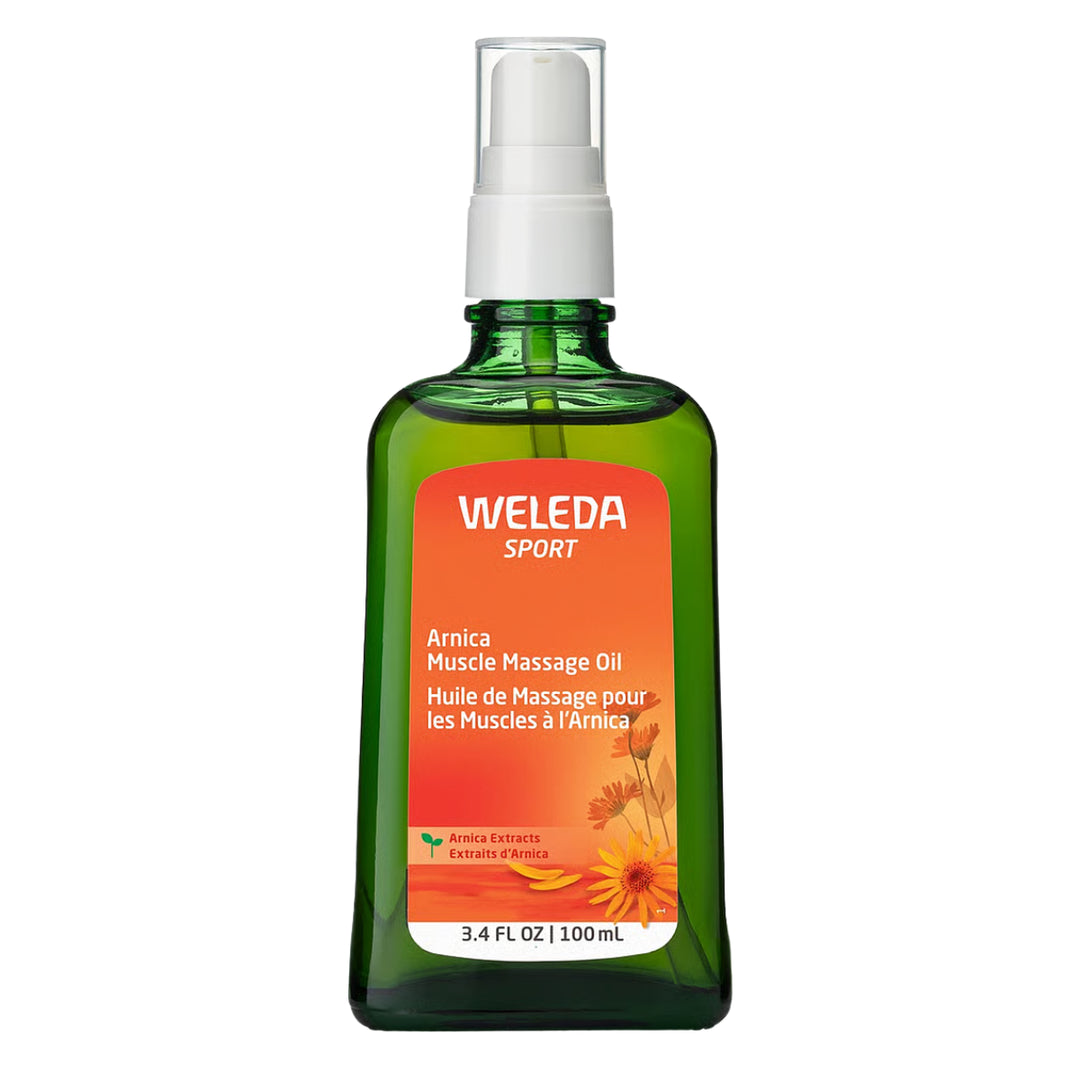 Weleda Arnica Muscle Massage Oil, 100mL bottle, plant-based formula with arnica flower and birch leaf extracts